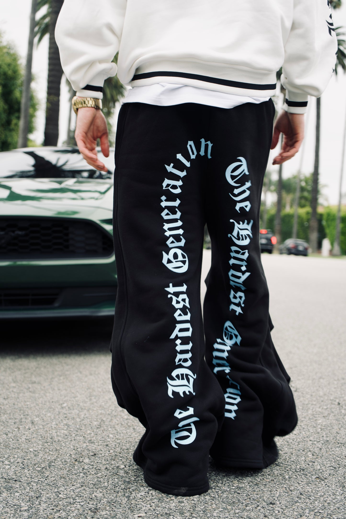Black Sweatpants with baby blue Swarovski print