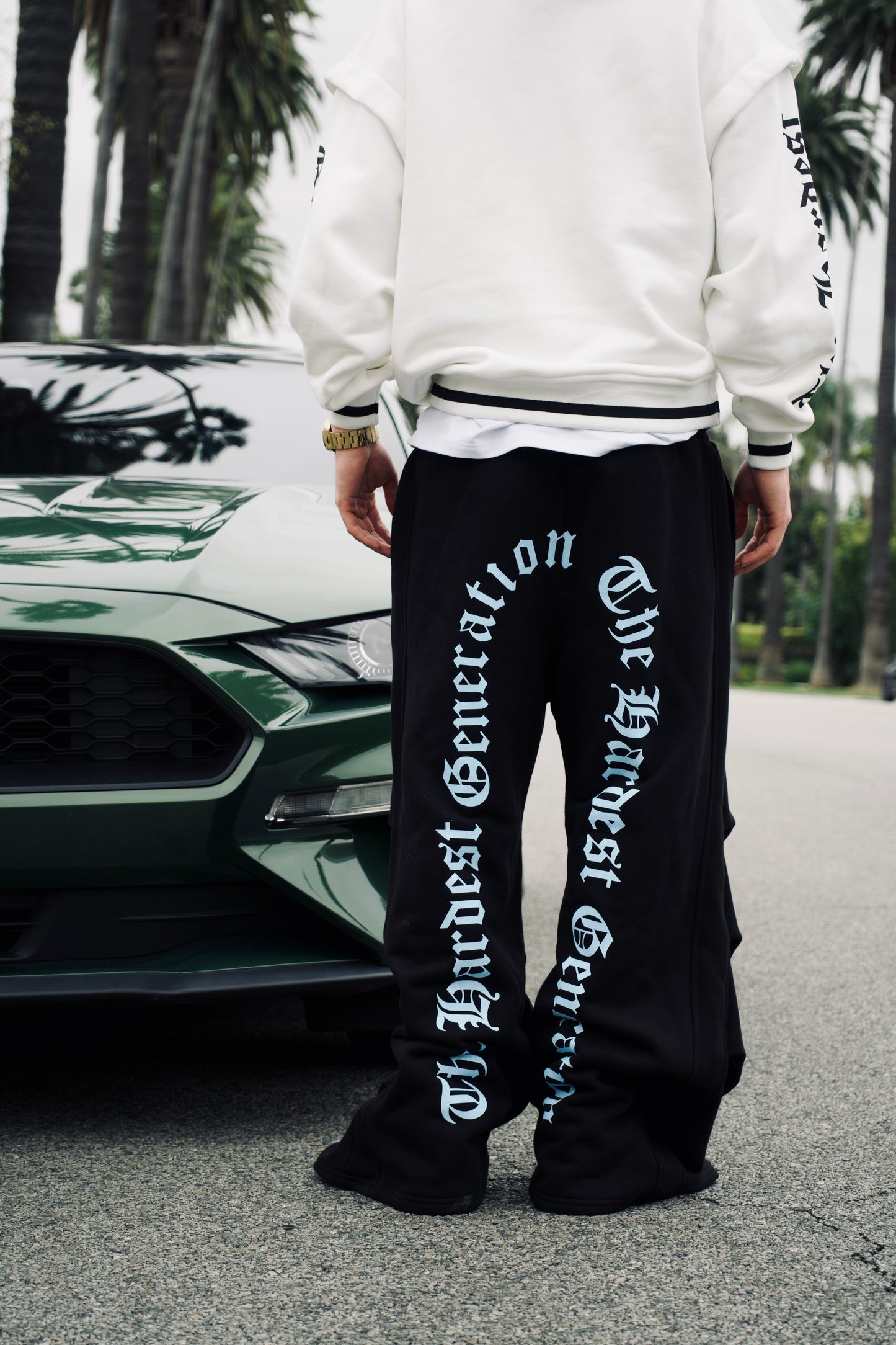 Black Sweatpants with baby blue Swarovski print